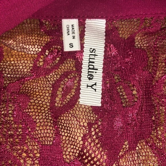 Burgundy‎ Sheer Button Up Blouse with Lace Back, Long Sleeve Shirt Y2K - Picture 6 of 7